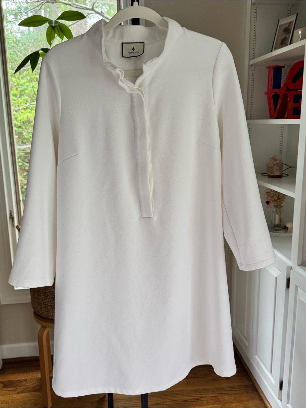 Tuckernuck Avery Dress White Crepe Short Half Button Collared Shift Dress